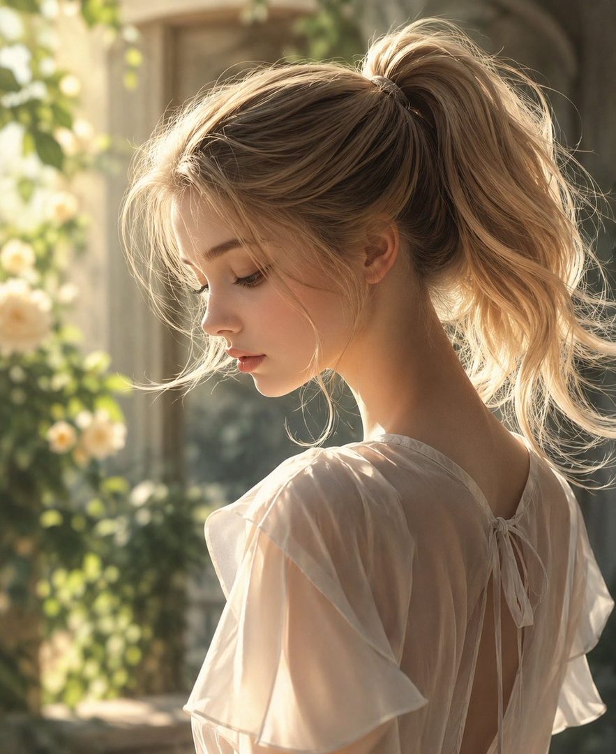 A beautiful AI-generated portrait of a young woman with blonde hair in a ponytail, wearing a sheer white blouse, with a soft floral garden background.