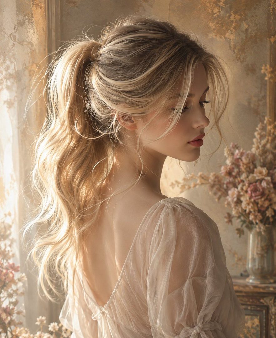 A beautiful young woman with blonde hair in a ponytail, wearing a light dress, poses elegantly indoors with soft lighting and floral decorations.
