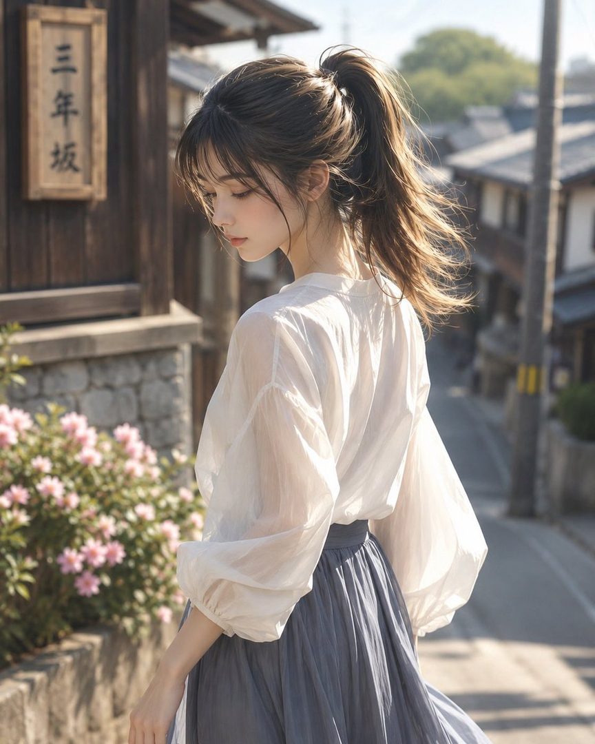 A young Japanese woman with her hair in a ponytail, wearing a sheer white blouse and a grey skirt, walks down a traditional street lined with wooden buildings and pink flowers.