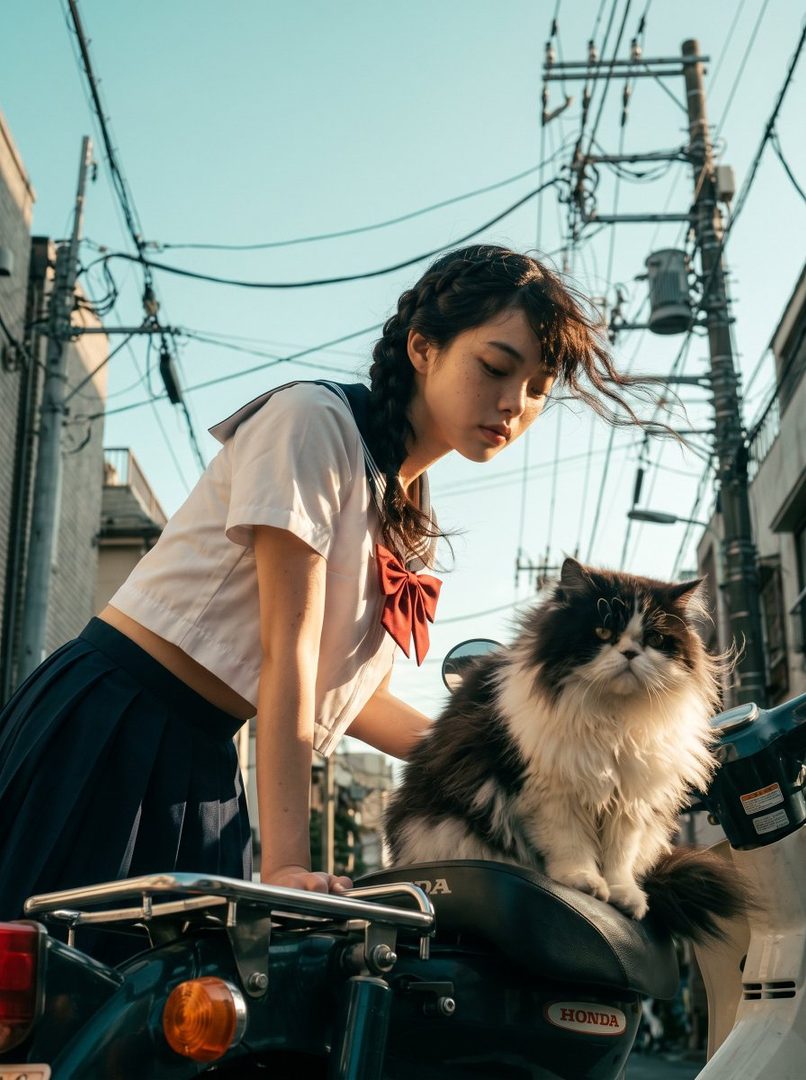 A young woman in a Japanese school uniform with braided hair poses with a fluffy cat on a scooter in a sunlit urban alley.