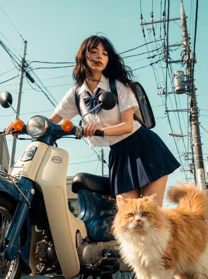 A young woman in a Japanese school uniform poses with a vintage scooter and a fluffy cat on a sunny day.