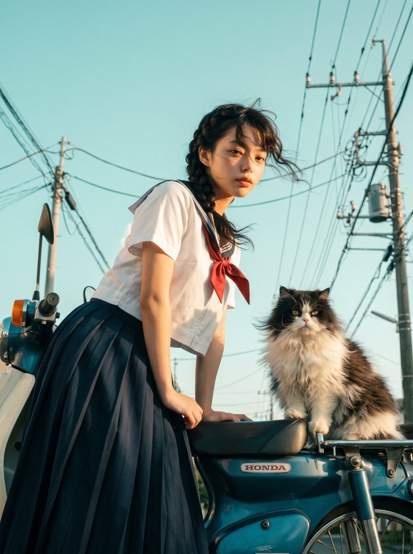 A young woman in a Japanese school uniform with braided hair poses next to a motorcycle with a fluffy cat sitting on the seat.