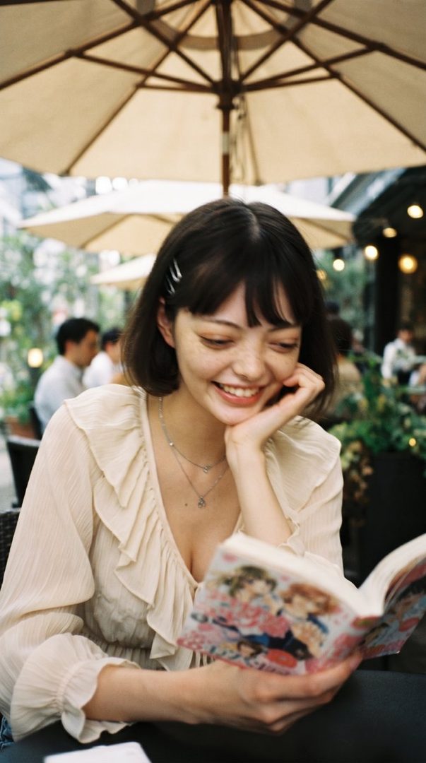 A young East Asian woman with short dark hair and freckles smiles while reading a book in a cafe.