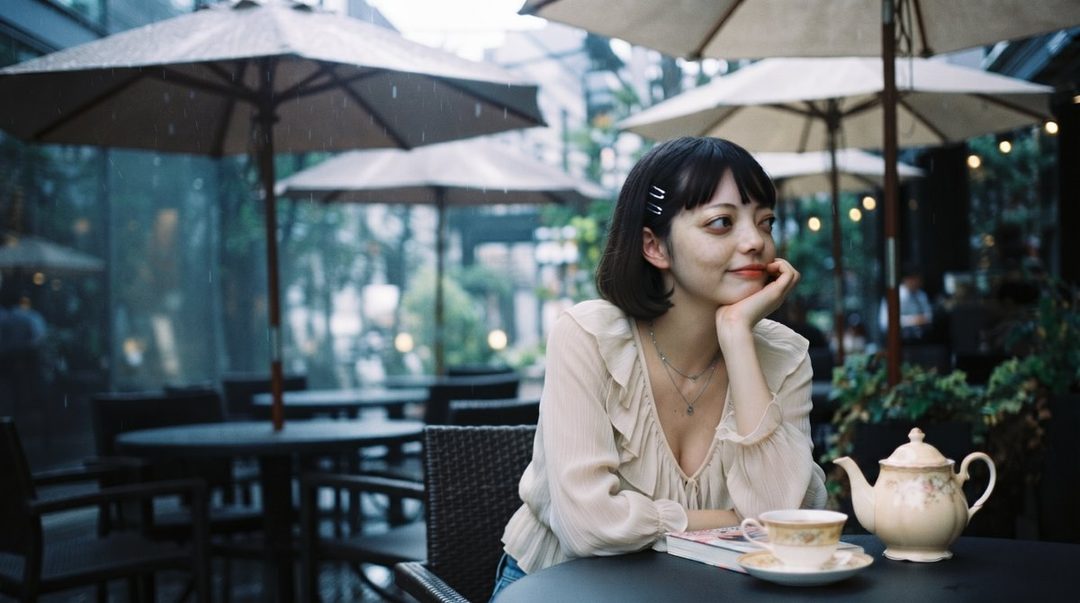 A young woman with short black hair sits at a table in a cafe on a rainy day, looking thoughtfully to the side.
