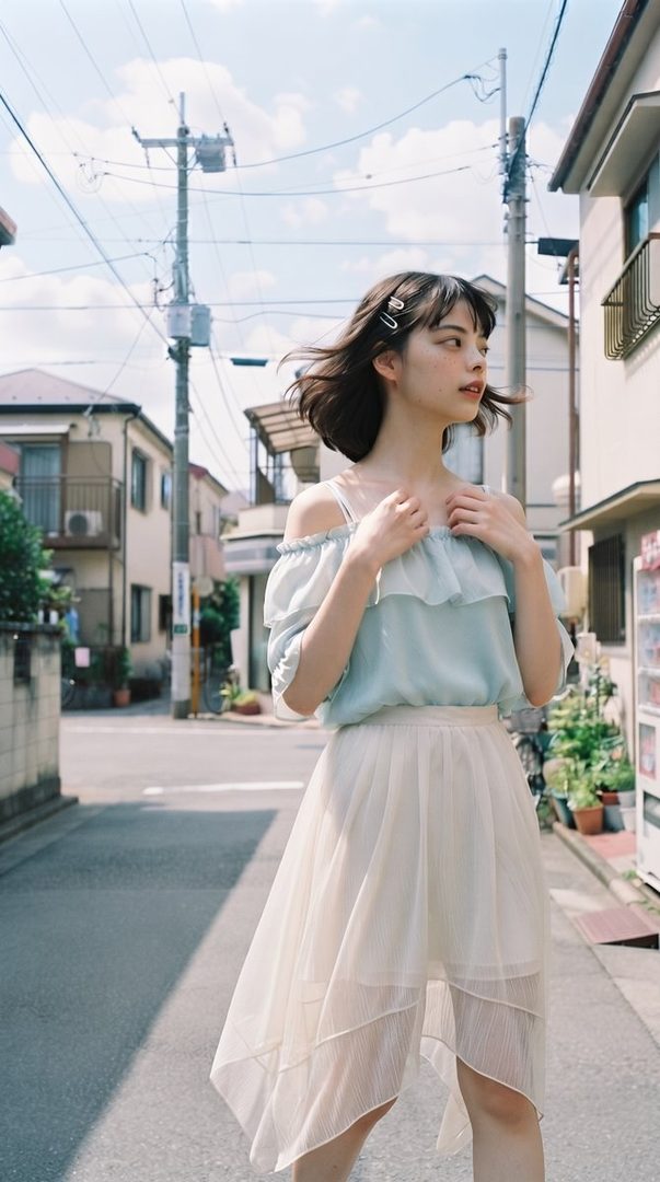 A young woman with short brown hair stands on a residential street, wearing a light blue off-the-shoulder top and a flowing white skirt.