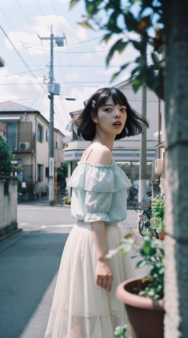 A young woman with short black hair and a light blue off-the-shoulder top stands on a sunny street, looking over her shoulder.