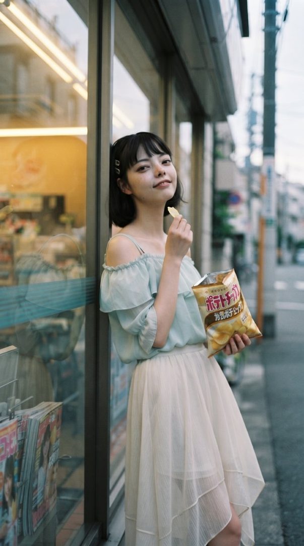 A young woman with short black hair and bangs, wearing a light blue off-the-shoulder top and a cream-colored skirt, stands on a street and eats potato chips.