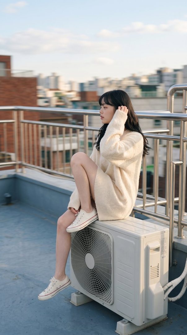 A young woman with long black hair sits on an air conditioning unit on a rooftop, wearing a cream-colored sweater dress and white sneakers.