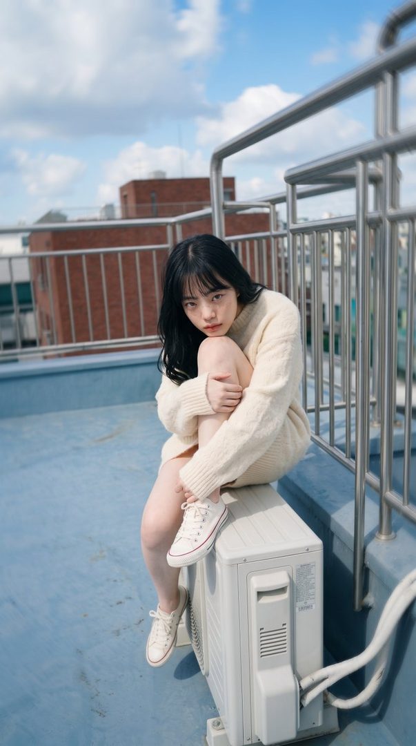 A young East Asian woman with long black hair, wearing a cream-colored sweater and white sneakers, sits on an air conditioning unit on a rooftop.