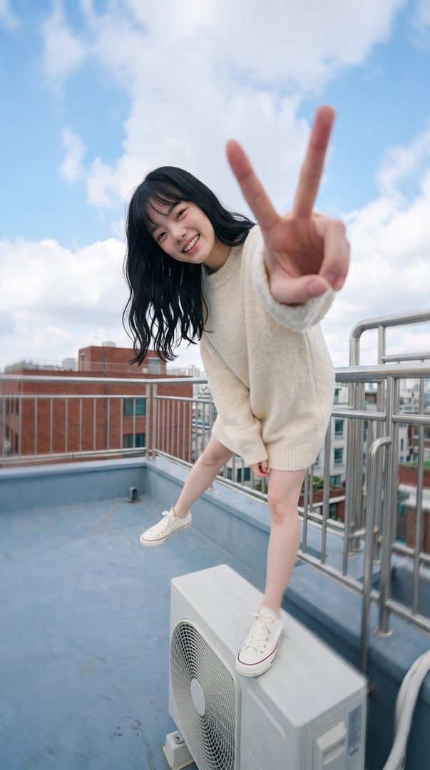 A young woman with long black hair smiles and holds up two fingers in a peace sign while standing on a rooftop.