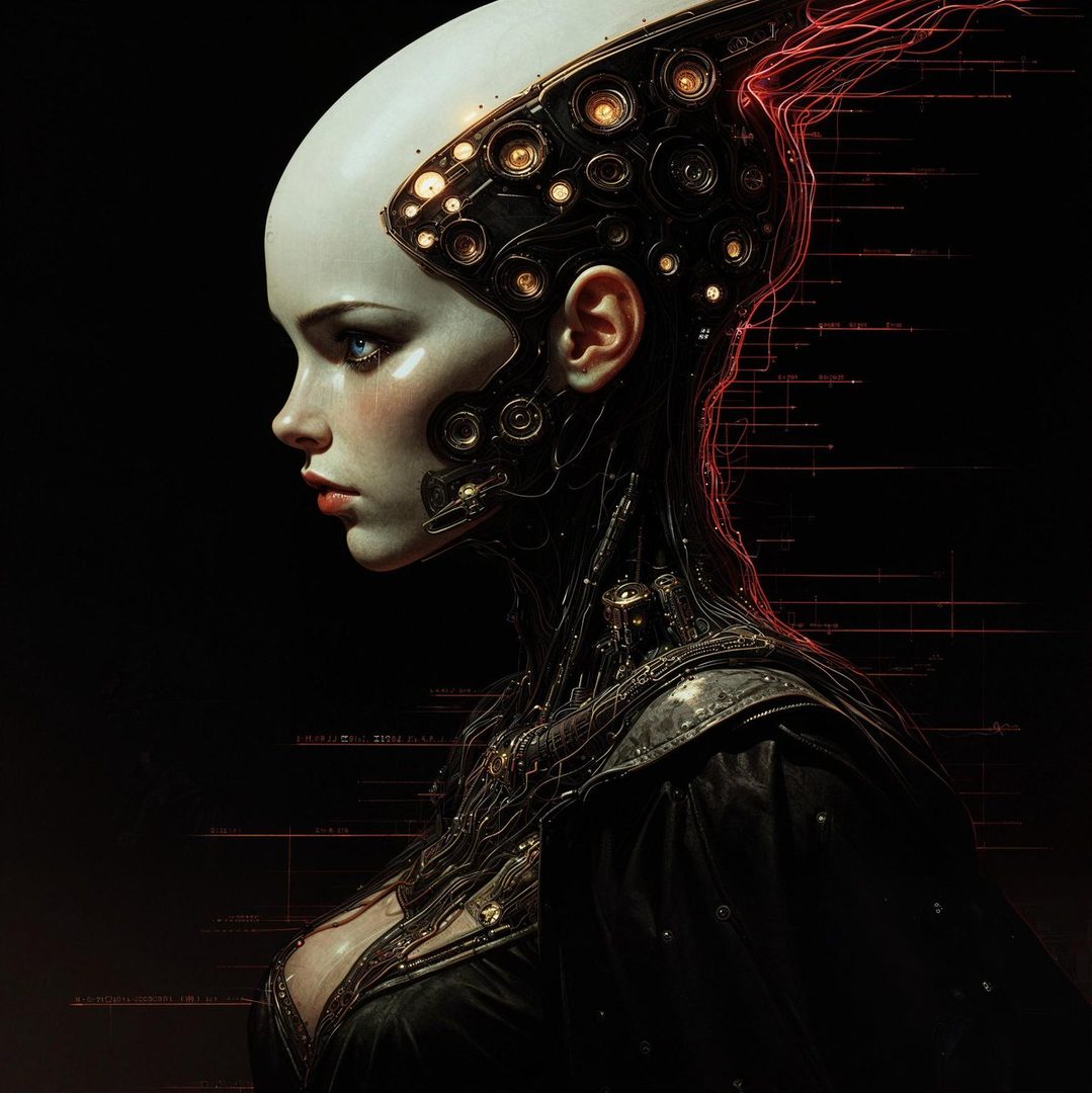 Profile portrait of a futuristic cyborg woman with a metallic headpiece and glowing red accents, against a dark background.