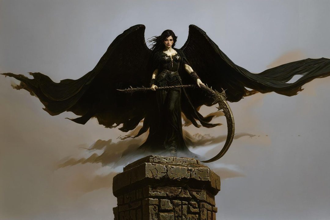 A dark angel with black wings and a scythe stands on a stone pedestal.