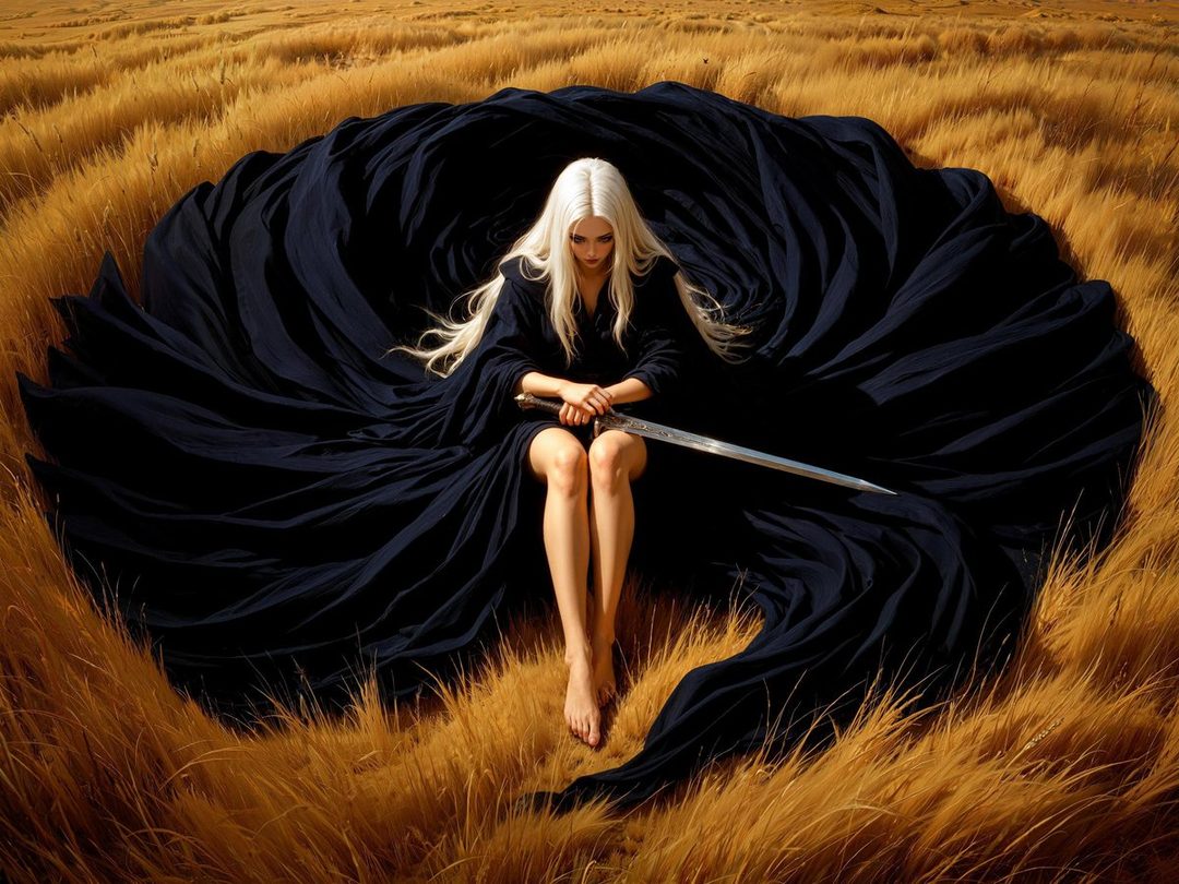 A woman with long white hair sits in a field of dry grass, wearing a flowing black dress and holding a sword.