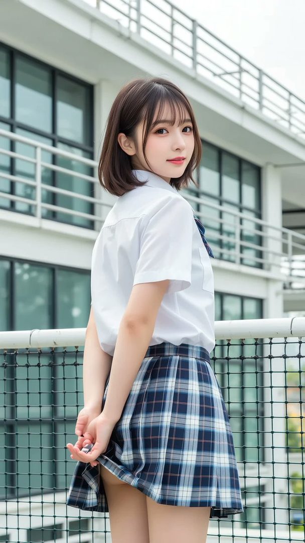 A young woman in a school uniform with a plaid skirt and white shirt looks back over her shoulder outdoors.