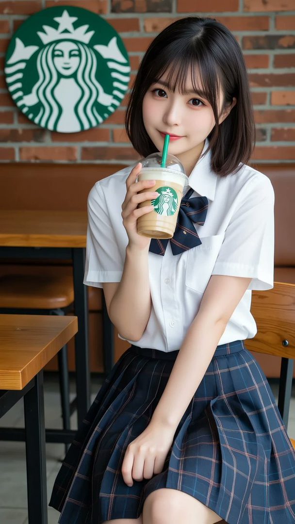 A young woman in a school uniform drinks a Starbucks Frappuccino in a cafe.