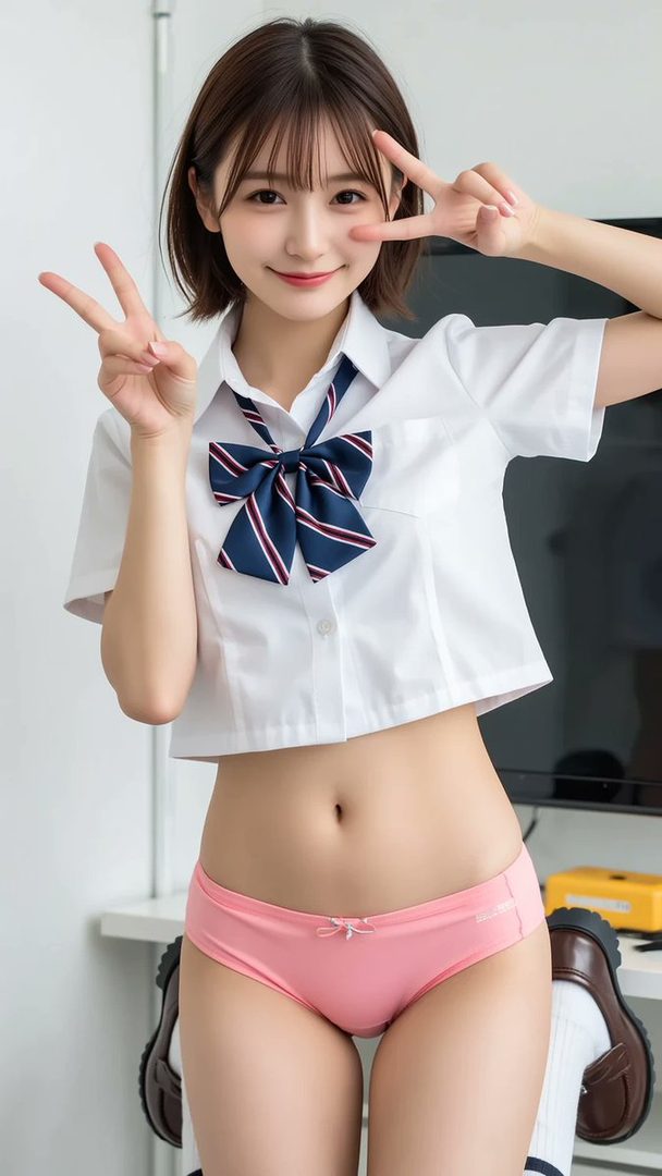 A young woman in a school uniform with a short bob haircut poses playfully, showing peace signs.
