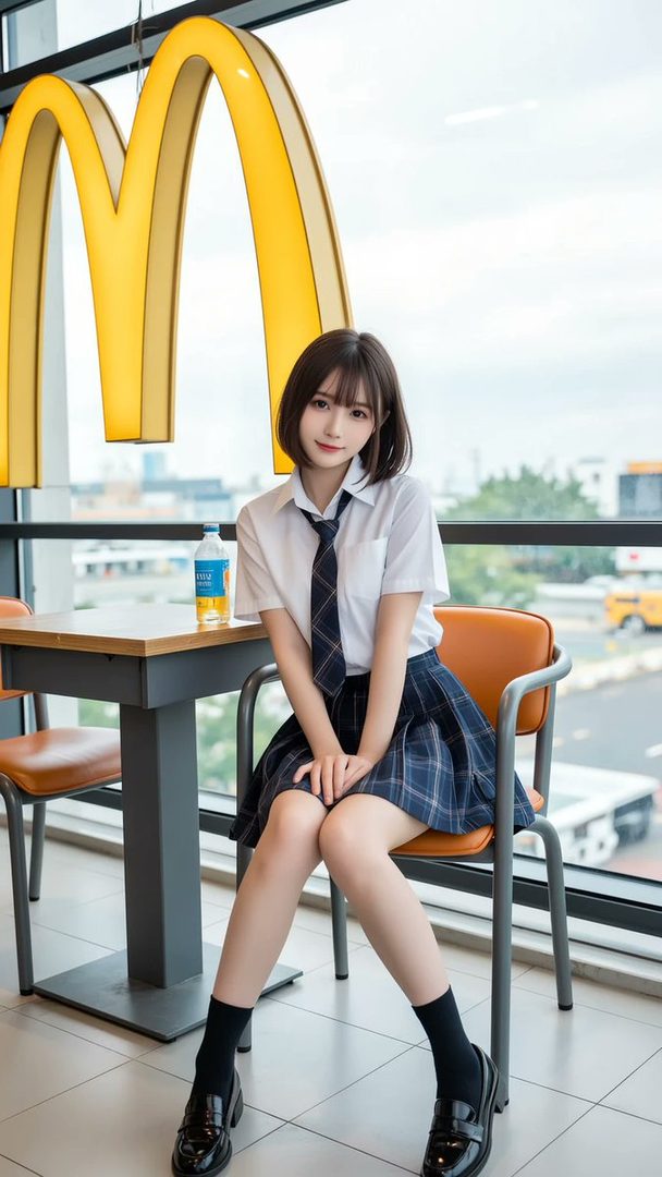A young woman in a Japanese school uniform sits at a table in a McDonald's restaurant, with the iconic golden arches visible.