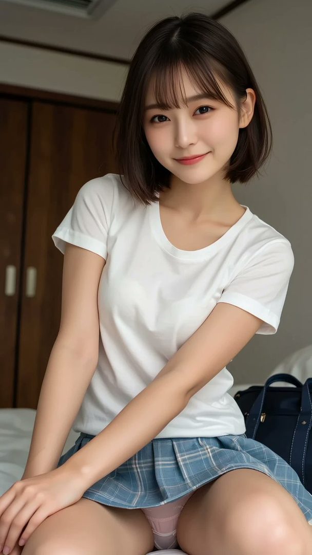 A young East Asian woman with short dark hair and bangs, wearing a white t-shirt and a blue plaid skirt, smiles gently.