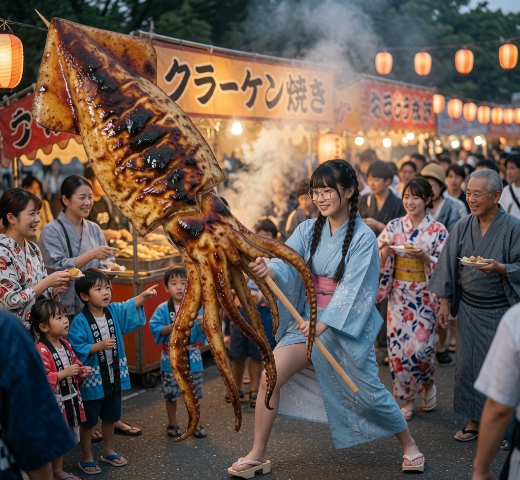 A young woman in a blue yukata and glasses holds a giant grilled squid on a stick at a lively Japanese festival with many people and food stalls.