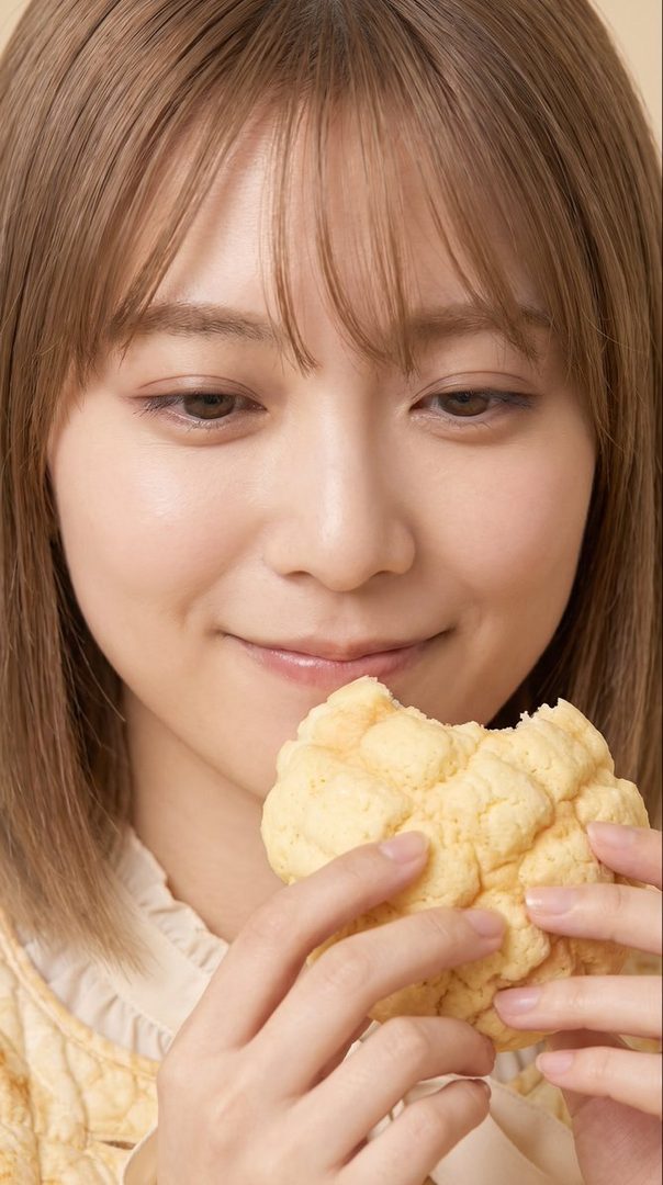 A young East Asian woman with short brown hair smiles gently while holding a piece of melon bread.