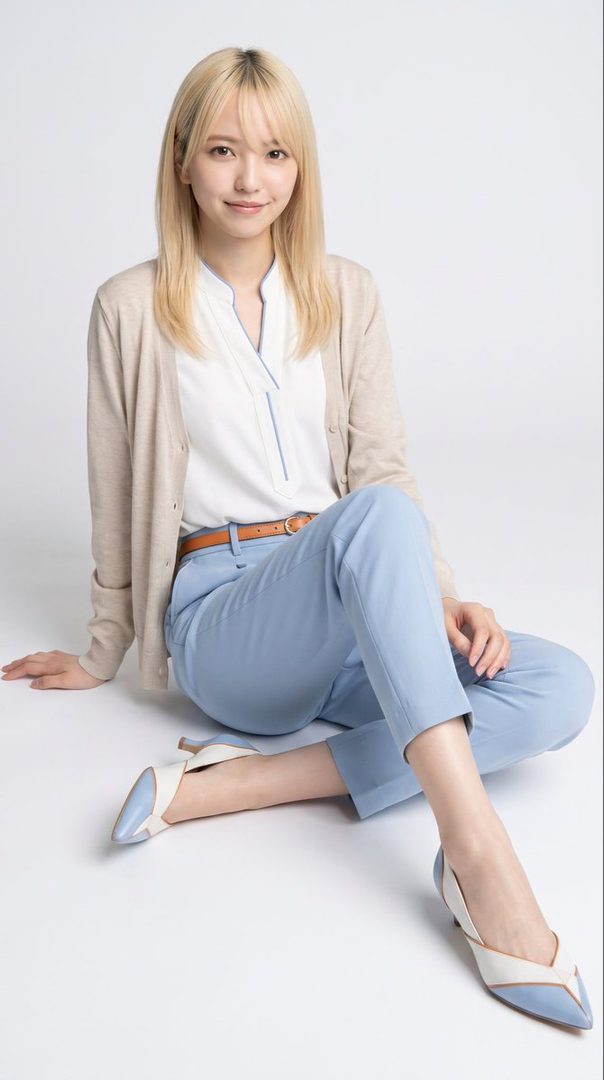 A young woman with blonde hair, wearing a white blouse, beige cardigan, and light blue pants, sits on a white background.