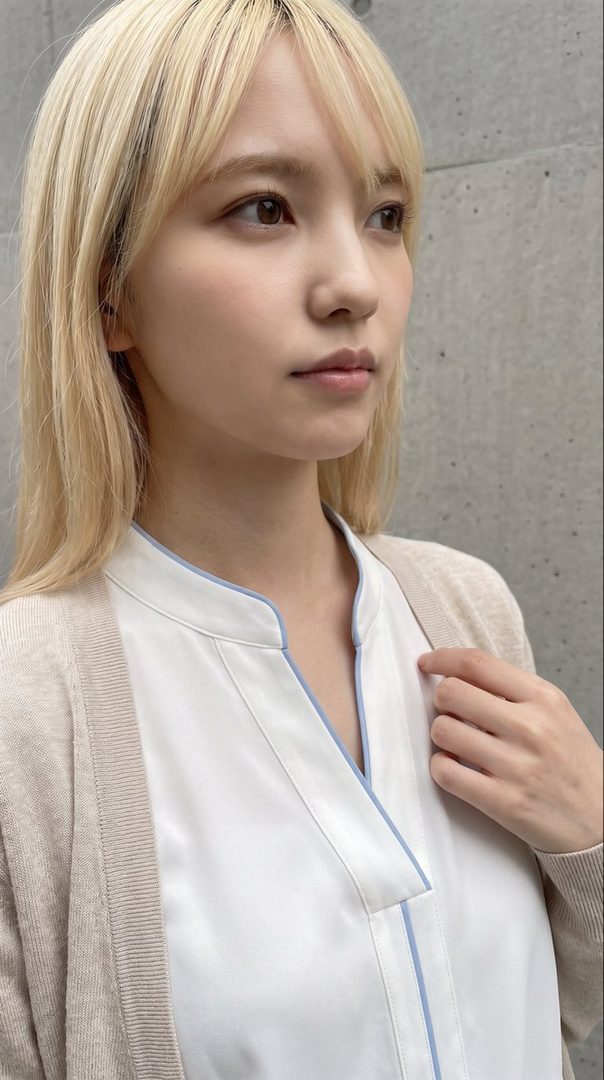 A young East Asian woman with blonde hair and bangs, wearing a white blouse and a beige cardigan, looks to the side with a neutral expression.
