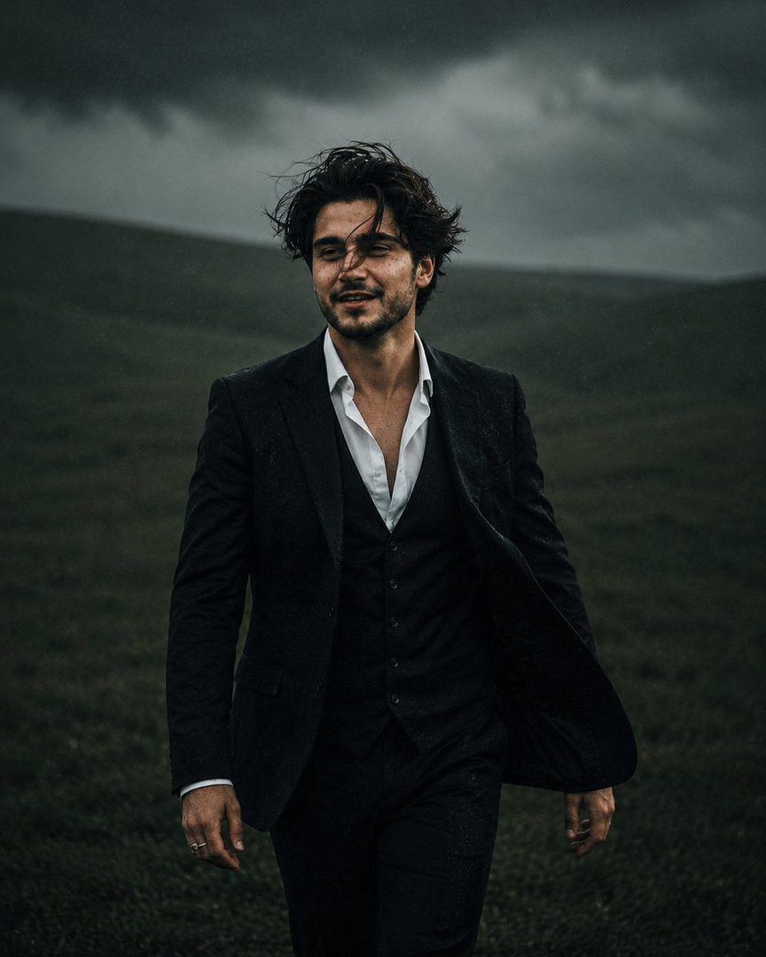 A handsome man in a dark suit and open white shirt walks through a grassy field under a dark, cloudy sky.