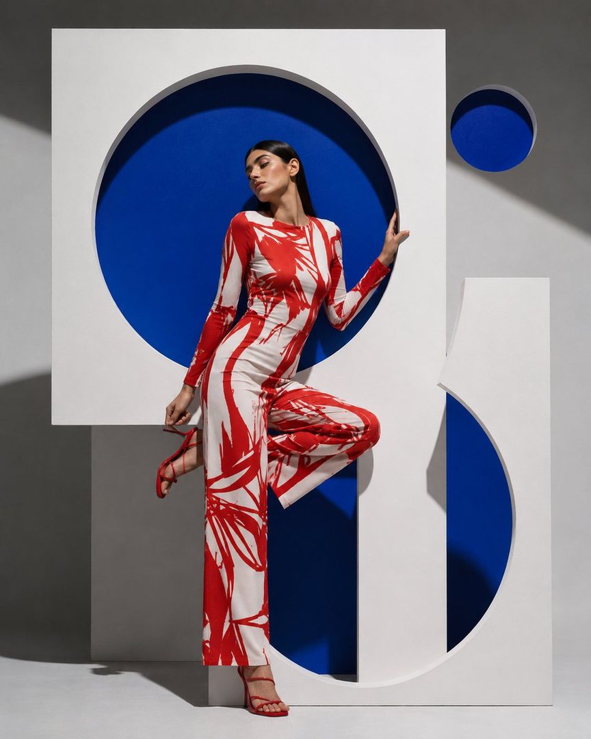 A fashion model poses dynamically in a red and white abstract print jumpsuit within a minimalist studio set featuring geometric cutouts and blue accents.
