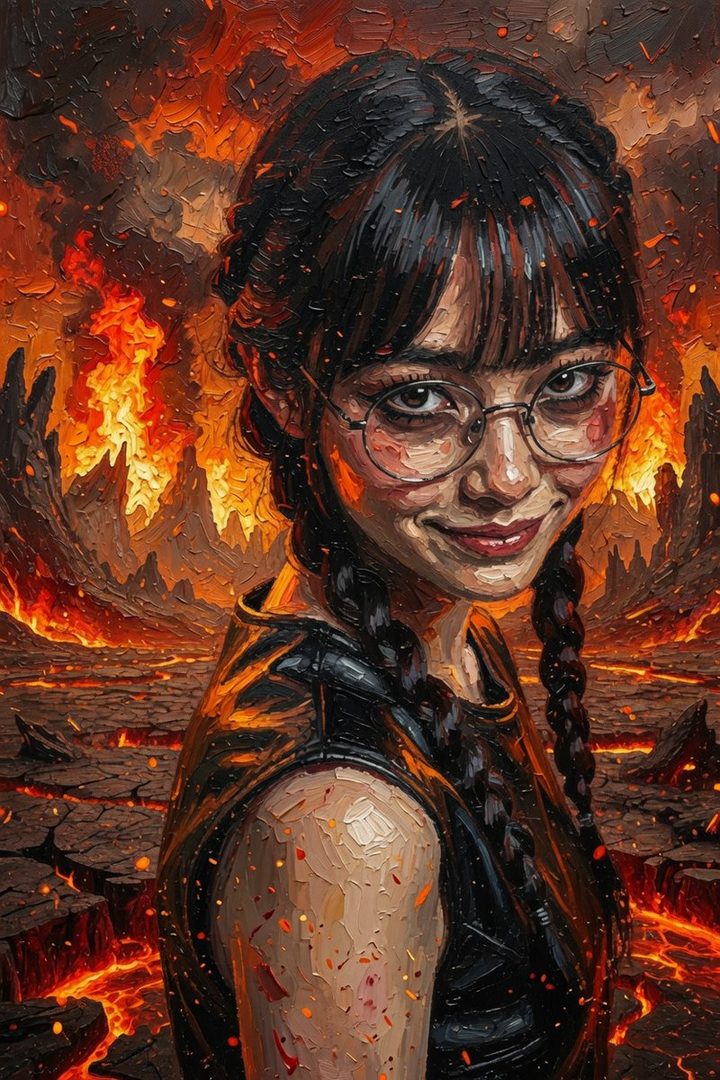 An oil painting of a woman with black braided hair and glasses smirking in front of a fiery volcanic landscape.