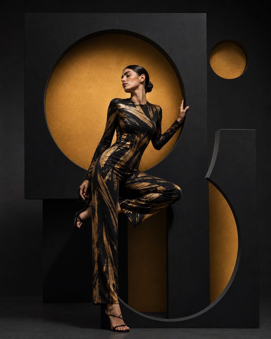 A fashion model poses dynamically in a black and gold abstract print jumpsuit and heels within a studio set featuring geometric black panels and gold circular cutouts.