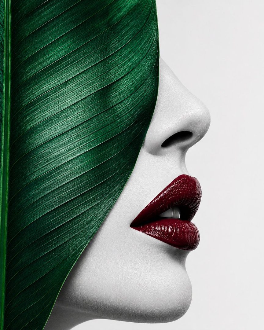 Close-up profile of a woman with porcelain skin and deep red lips, partially obscured by a large green leaf.