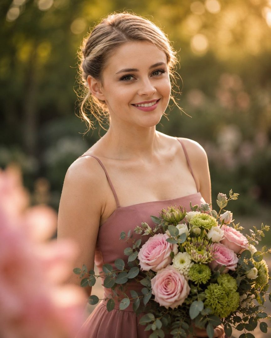 A beautiful young woman with blonde hair in an updo, wearing a dusty rose dress and holding a bouquet of pink roses, smiles warmly in a sun-drenched garden.