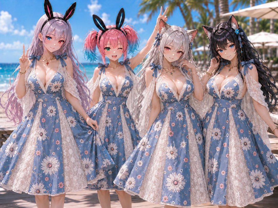 Four anime-style women with cat ears and bunny ears, wearing matching blue floral dresses, posing on a sunny beach.
