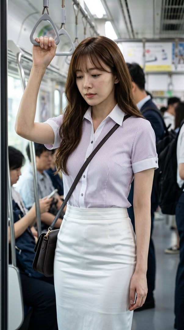 A young woman with long brown hair stands on a train, holding onto a handle, wearing a striped blouse and a white skirt.