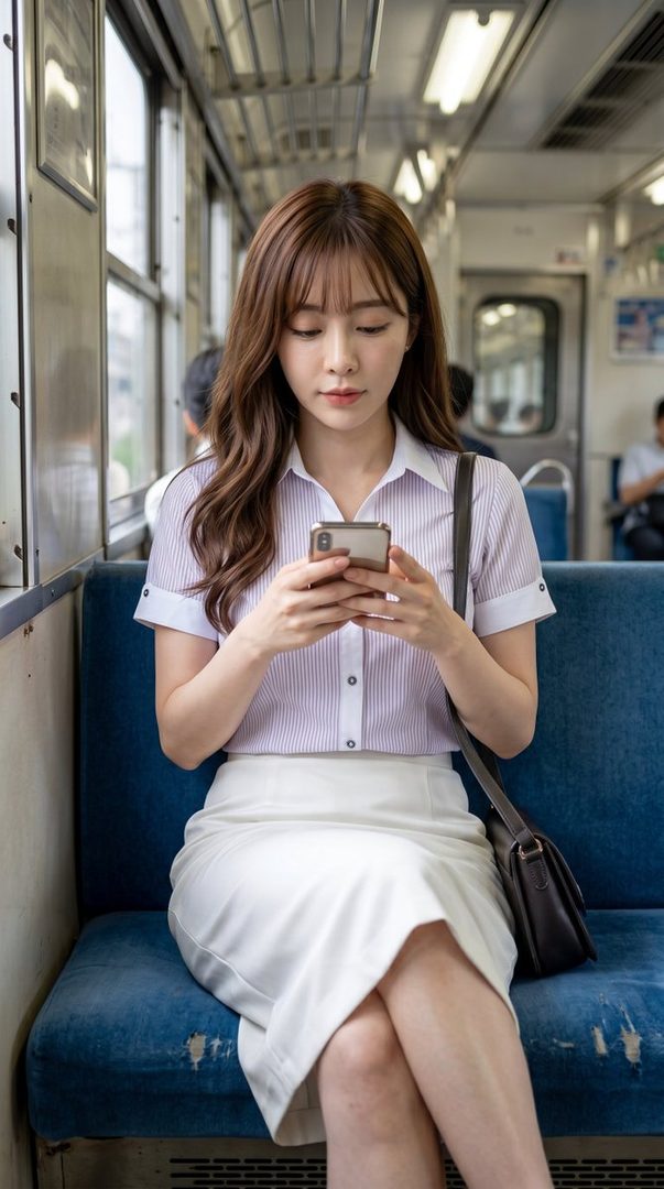 A young woman with long brown hair sits on a train, looking at her phone.