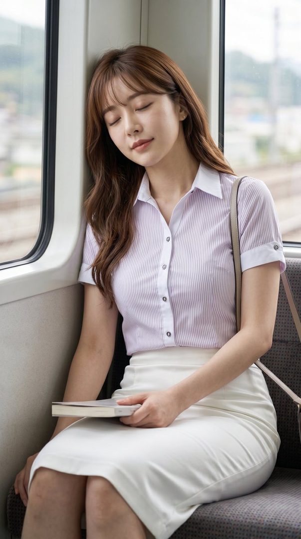 A young East Asian woman with long brown hair, wearing a striped blouse and white skirt, sleeps on a train with a book in her lap.