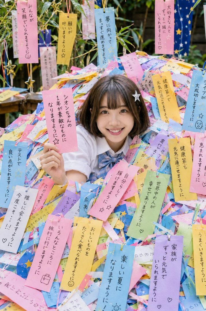 A young Japanese woman with short brown hair and bangs, wearing a school uniform, smiles brightly while holding a pink wish paper at a Tanabata festival.