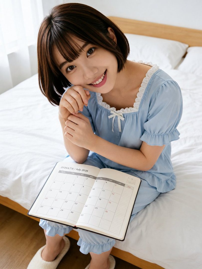 A young East Asian woman with short brown hair and bangs, wearing a light blue pajama set, smiles gently while holding an open planner on a bed.