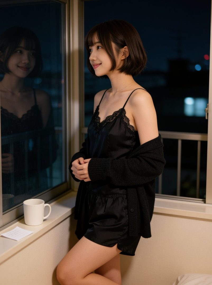 A young woman in black silk pajamas and a cardigan stands by a window at night, looking out with a gentle smile.