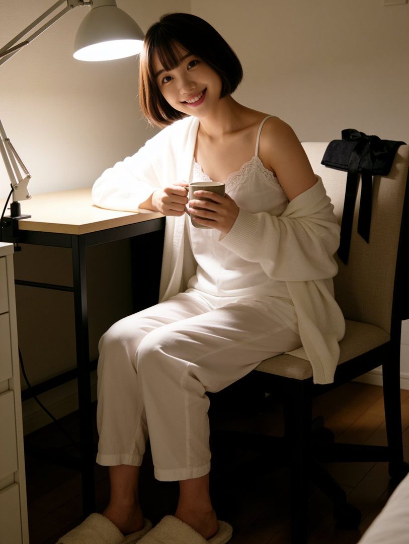 A young East Asian woman with short black hair smiles while holding a mug, wearing white pajamas and a cardigan indoors.