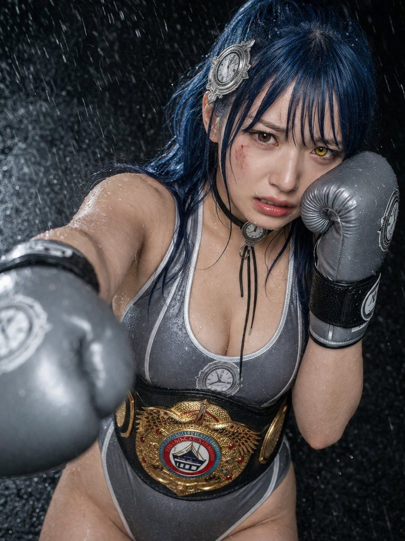 A woman in a silver swimsuit and boxing gloves, wearing a championship belt, poses with a determined expression.