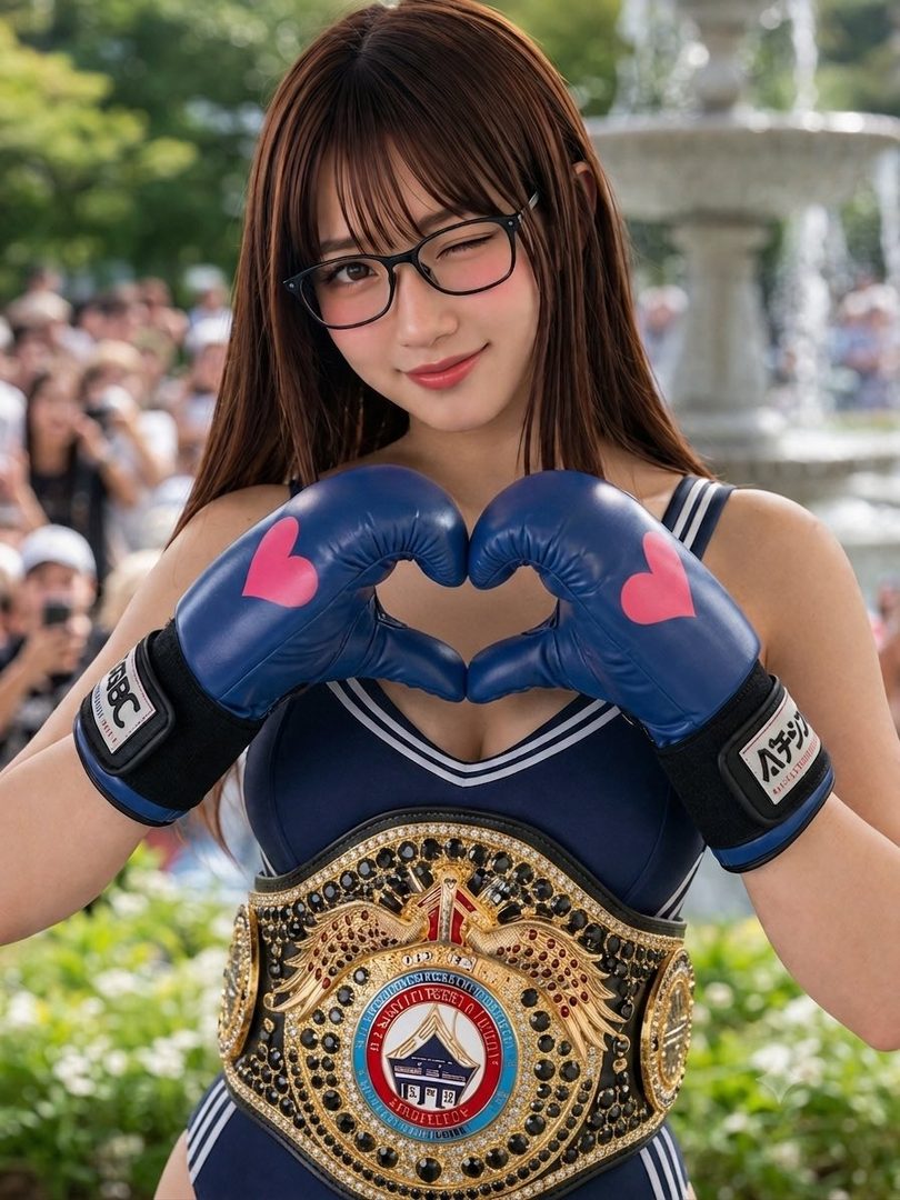 A young woman wearing boxing gloves and a championship belt, making a heart shape with her hands.