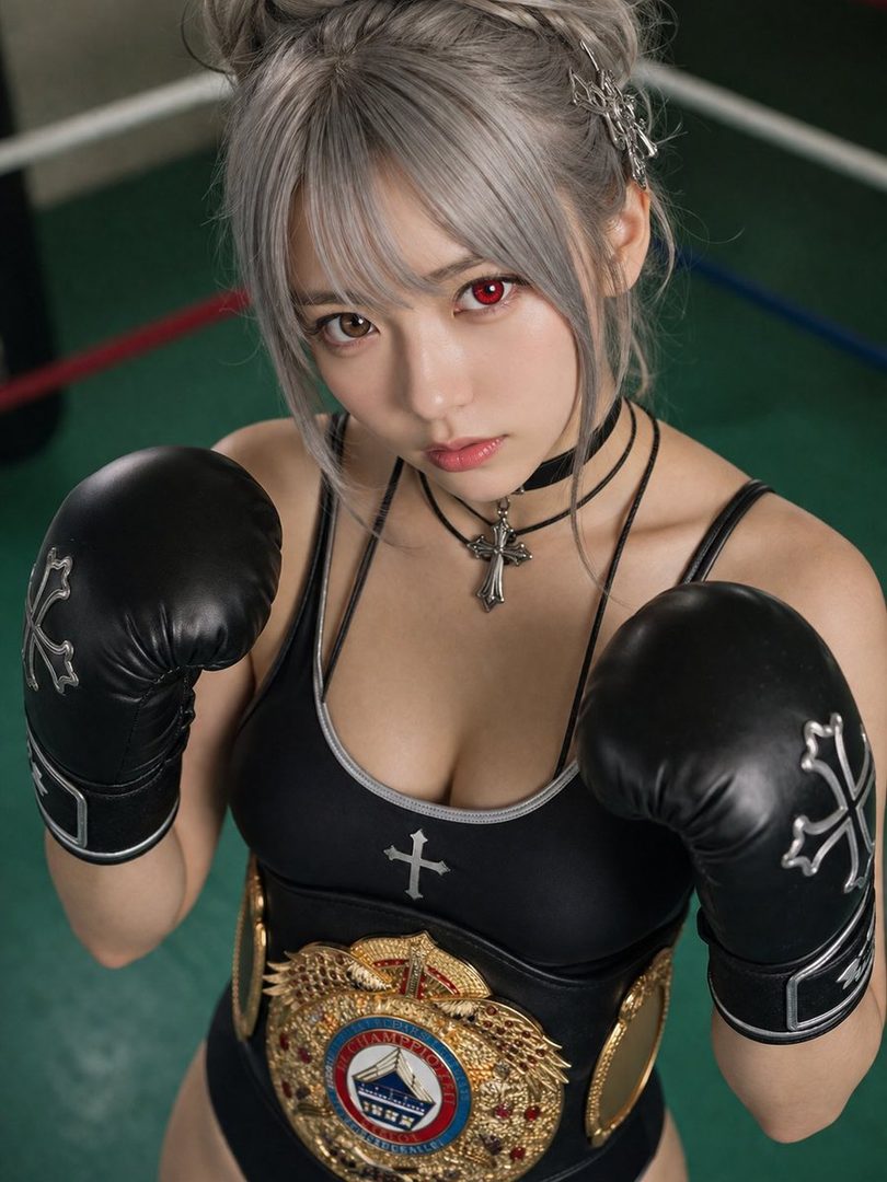 A young woman with silver hair and red eyes, wearing boxing gloves and a championship belt, poses in a boxing ring.