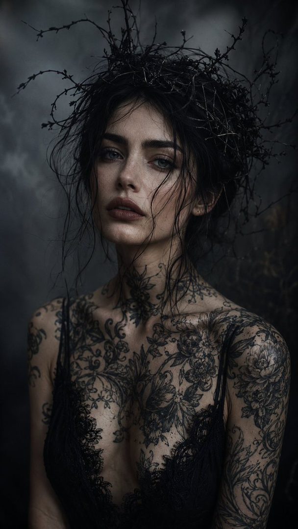 A dark, moody portrait of a woman with intricate black tattoos covering her chest and neck, wearing a black lace top and a crown of twigs.