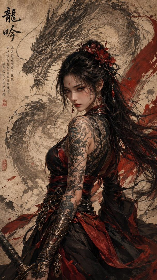 A photorealistic portrait of a woman with long black hair, adorned with red flowers, wearing a dark and red dress with intricate tattoos on her arms and back, posing in front of a dragon ink painting.