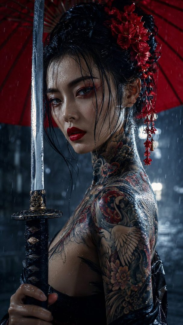 A photorealistic portrait of a woman with extensive tattoos, holding a katana under a red umbrella in the pouring rain.