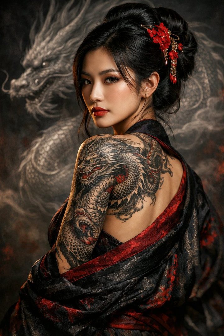 A photorealistic portrait of an East Asian woman with a large dragon tattoo on her back and arm, wearing a traditional dark kimono with red accents, set against a dark background with a dragon motif.
