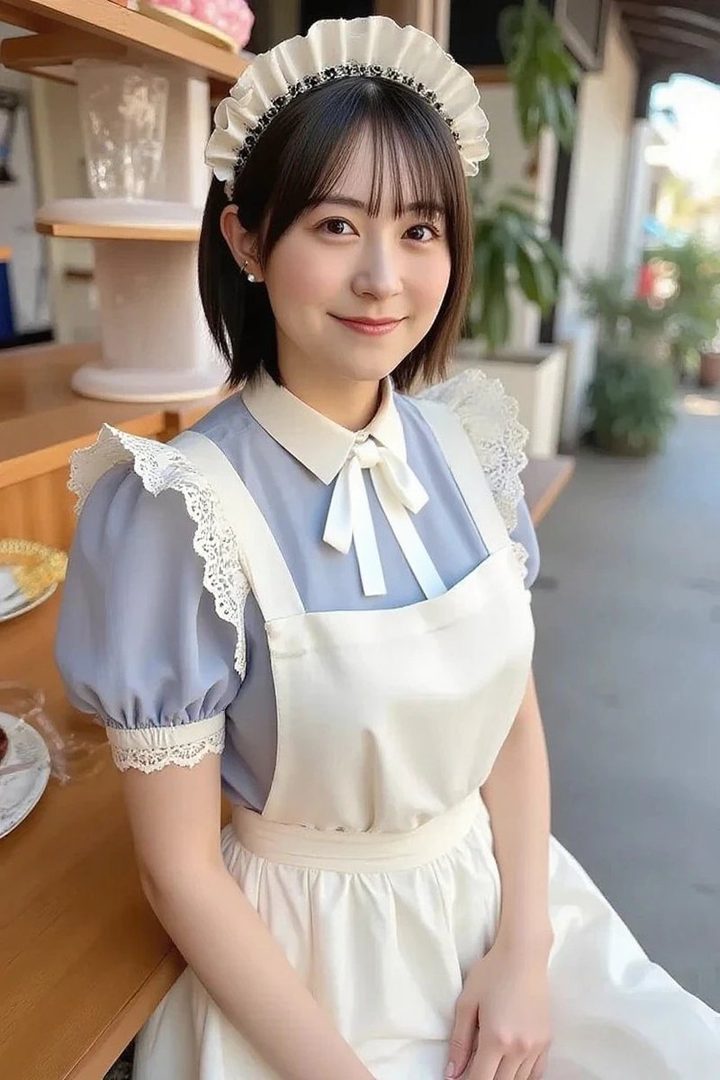 A young woman in a maid outfit smiles gently, sitting at a cafe table.