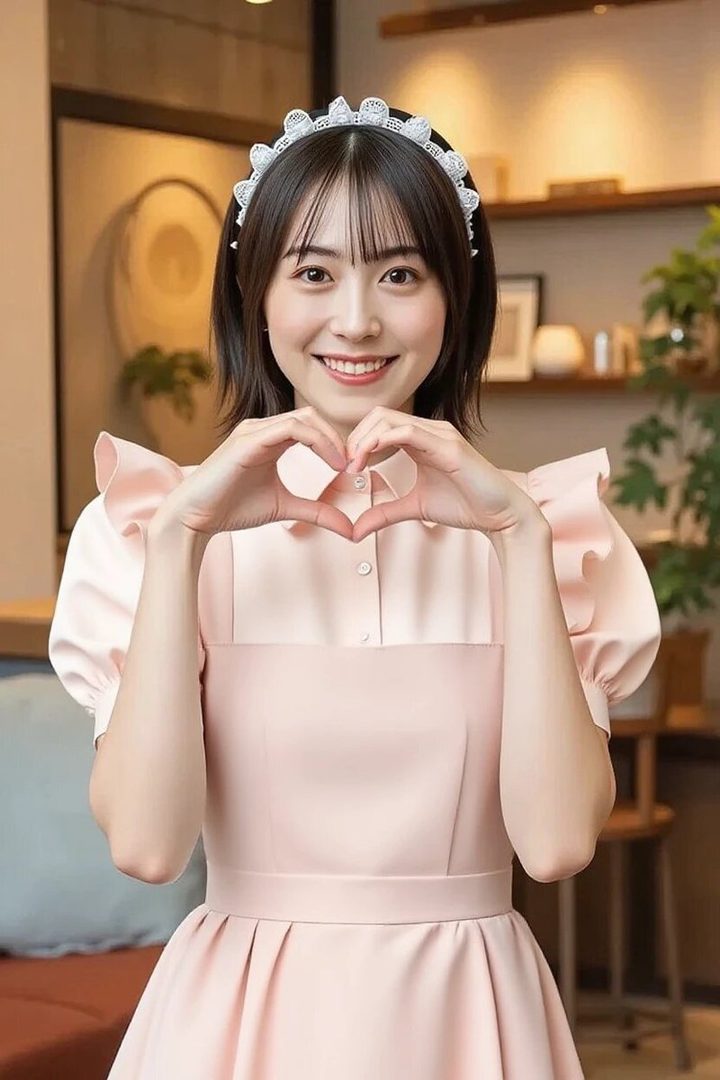 A young woman with short black hair and bangs, wearing a pink dress and a white lace headband, smiles and makes a heart shape with her hands.