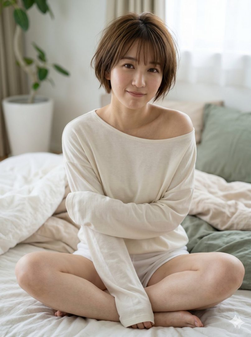 A young East Asian woman with short brown hair, wearing a loose white long-sleeved shirt and white shorts, sits cross-legged on a bed, looking at the camera with a gentle smile.
